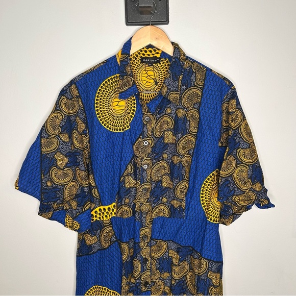 NWOT Mae Otti African Blue and Yellow Patterned Button-Up Dress - Picture 2 of 5